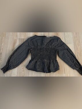 CINQ A SEPT Vintage Chic Houston Smocked Peplum Top. Graphite/Dk Salmon Sz S